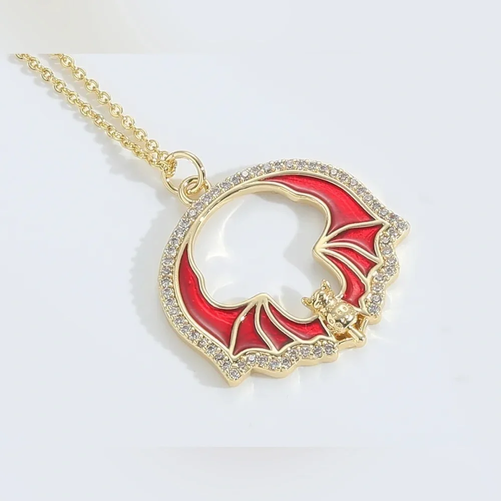 14K Gold Gothic Red Bat W/ Zircon Inlay Outline Enameled Pendant Necklace Punk